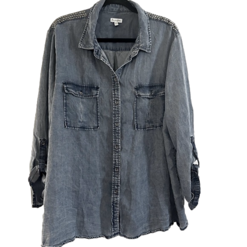 Love, Fire Denim Chambray Loose Flowy Embellished Button Down Shirt Women’s 2X